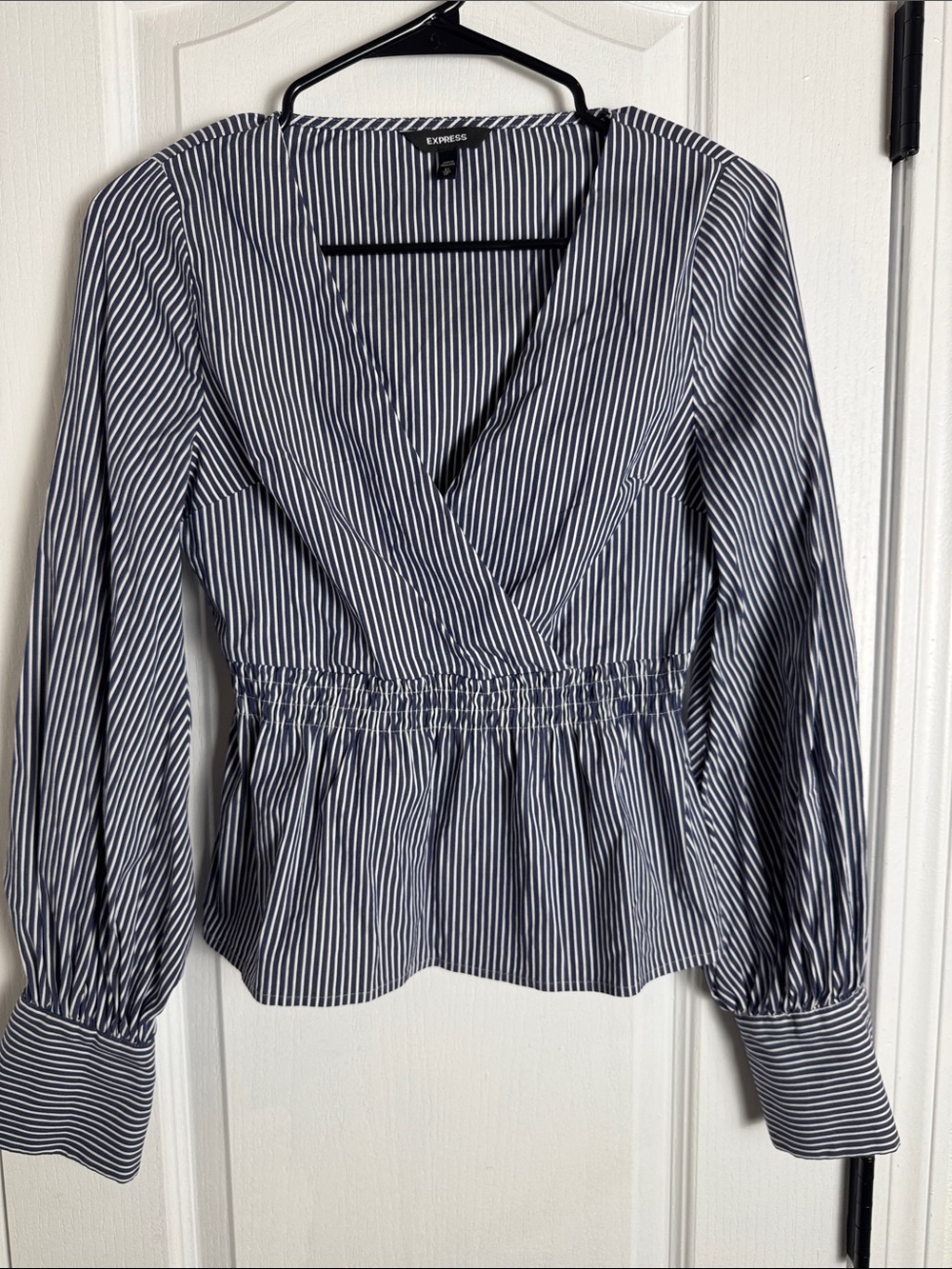 Express Navy and White Pinstripe Wrap Blouse